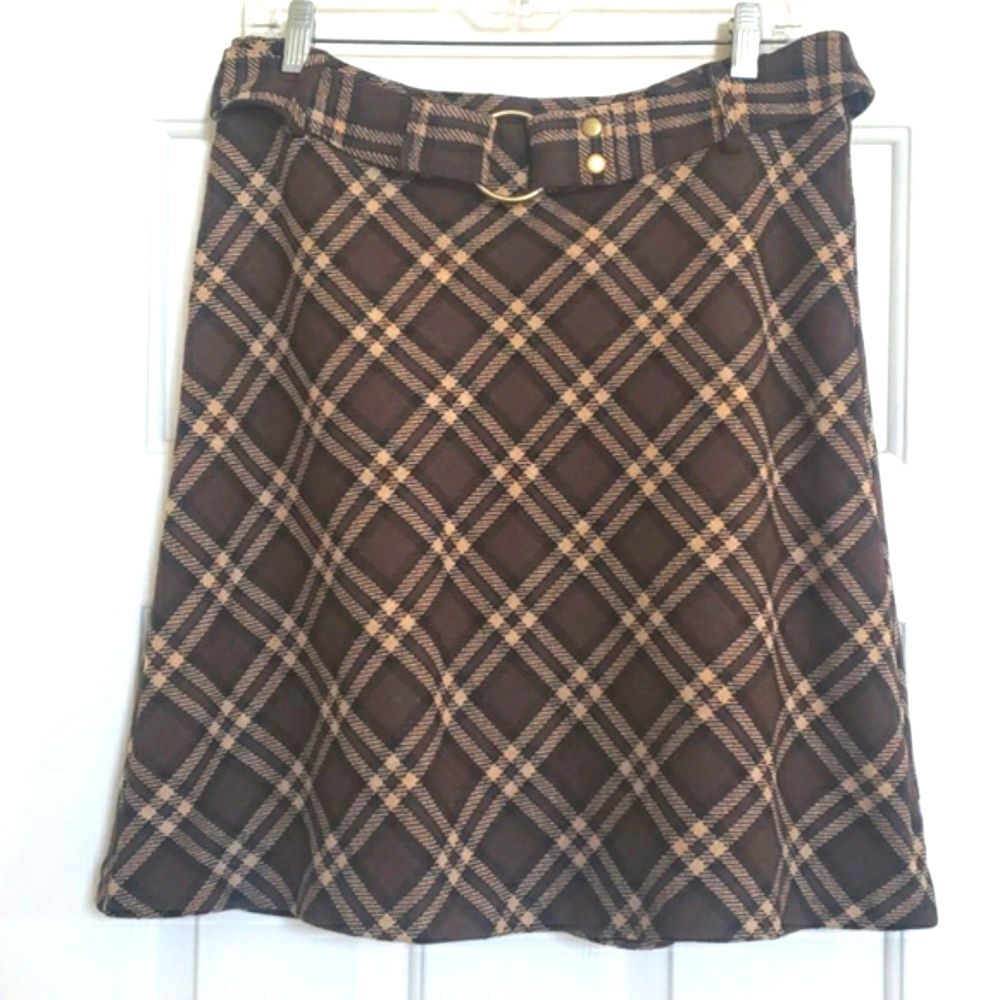Vintage 90's Plaid Wool Belted Skirt Brown Tan Brass Buckle Academia